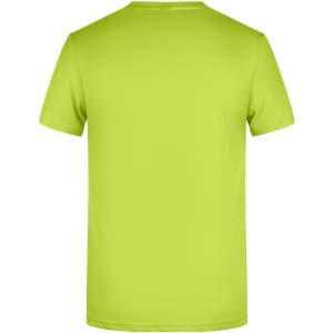 A lime green T-shirt with a plain back, featuring a logo on the neck area.