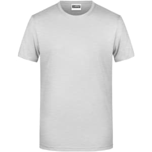A plain grey short-sleeve t-shirt featuring a round neckline and a logo.