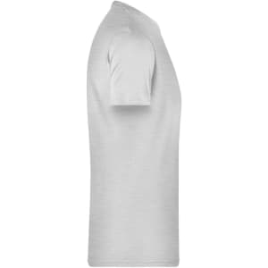 A grey men's basic T-shirt displayed from the side, featuring short sleeves and a simple design.