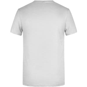 A plain white T-shirt with a round neck and short sleeves, featuring a logo on the back.