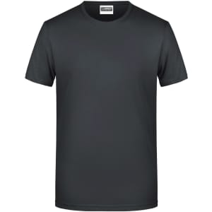 A grey basic T-shirt with short sleeves, featuring a logo on the label.