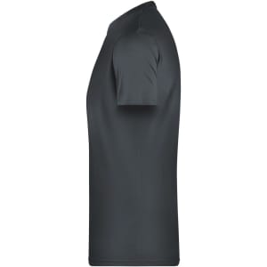 A dark grey men's t-shirt featuring short sleeves and a simple design. It has a logo on the side.