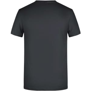 A black men's basic T-shirt with a simple design and a logo on the back.