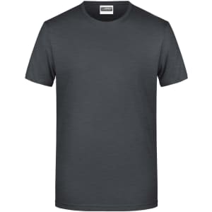 A grey short-sleeved t-shirt with a rounded neckline and a logo on the label.