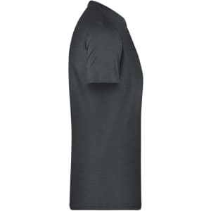 A dark grey men's basic T-shirt displayed from the side. The shirt has short sleeves and a round neck.