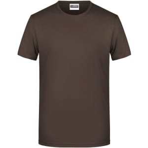 A brown basic t-shirt with a crew neck and short sleeves, featuring a logo on the inside label.