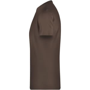 A brown men's basic T-shirt with short sleeves, featuring a plain design and a branding logo.