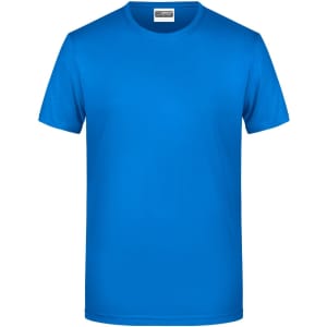 A blue T-shirt with a crew neck and short sleeves. It includes a logo on the label.