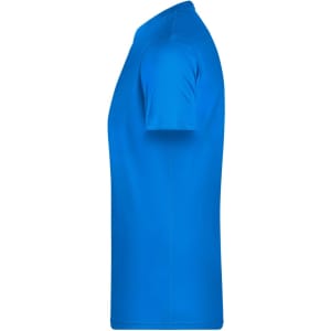 A blue men's T-shirt displayed from the side, featuring a smooth design and short sleeves. It has a logo branding.