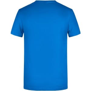 A blue men's basic T-shirt with a simple design, featuring a round neckline and short sleeves. It has a logo on the back.