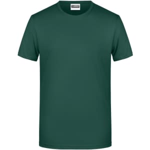 A plain dark green men's t-shirt displayed flat, featuring short sleeves and a round neckline. The shirt has a logo.