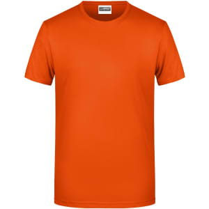 An orange short-sleeve T-shirt featuring a logo on the label, suitable for casual wear.