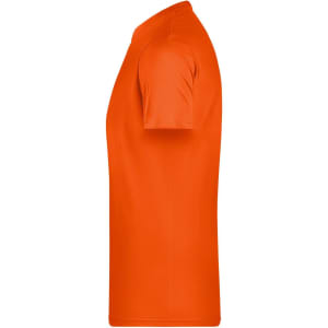 An orange men's basic T-shirt with short sleeves and a crew neck, featuring a logo on the side.