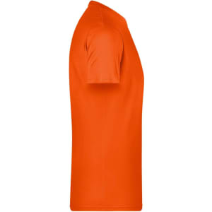 An orange men's basic T-shirt displayed from the side, featuring short sleeves and a logo.