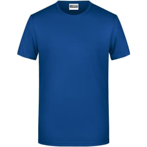 A plain blue short-sleeved T-shirt featuring a crew neck and a logo. Suitable for casual wear.