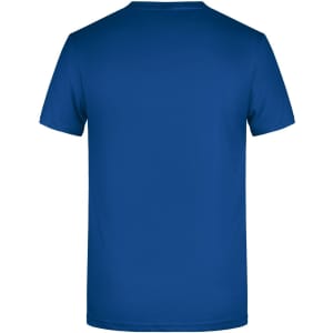 A blue men's T-shirt with a round neck and short sleeves, featuring a logo on the back.