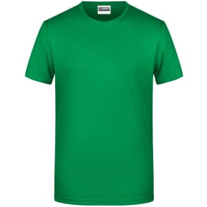 A green men's basic T-shirt with a round neckline and short sleeves, featuring a logo on the label.