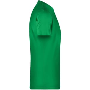 A green men's t-shirt with short sleeves and a classic fit, featuring a branding logo.