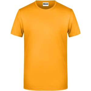 A plain orange T-shirt with a round neck and short sleeves, featuring a logo on the label.