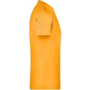 A side view of a plain orange T-shirt with short sleeves, featuring a logo on the neckline.