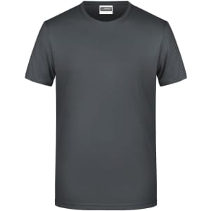 A grey t-shirt with a round neckline and short sleeves, featuring a small logo.