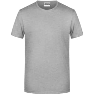 A grey basic T-shirt with a round neckline and short sleeves. It features a logo.