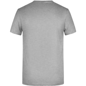 A plain grey T-shirt featuring a round neckline and short sleeves, with a branding logo at the back.