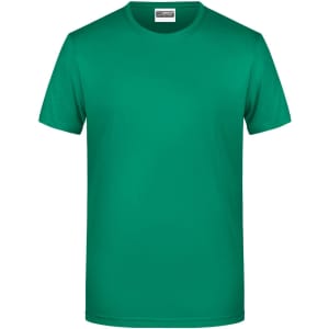 A green t-shirt with a round neck and short sleeves, featuring a logo on the label at the neckline.