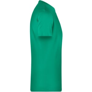 A green men's T-shirt, featuring a simple, plain design and short sleeves. It has a logo on the side.