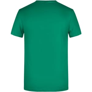 A green men's T-shirt with a simple design and a logo on the back.