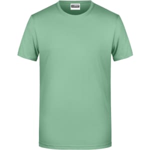 A mint green men's t-shirt with a round neckline and short sleeves, featuring a logo on the upper side.