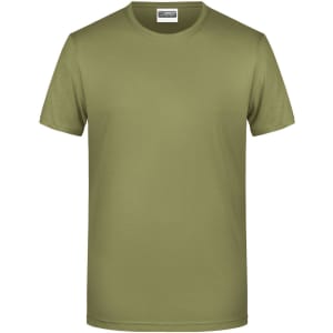 An olive green basic T-shirt with a round neck and short sleeves, featuring a logo on the label.