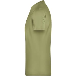 A plain olive green men's t-shirt with short sleeves, featuring a branding logo.