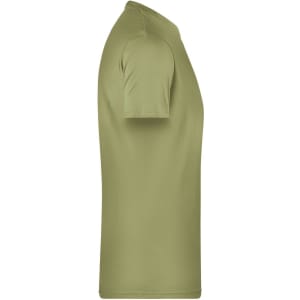 A khaki green men's t-shirt with short sleeves and a crew neckline, featuring a logo on the side.