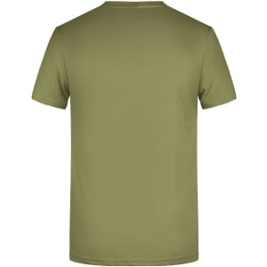 A plain olive green T-shirt featuring a crew neck and short sleeves, with a branding logo on the back.