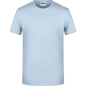 A light blue men's basic T-shirt with a round neckline and short sleeves. It features a logo on the label.