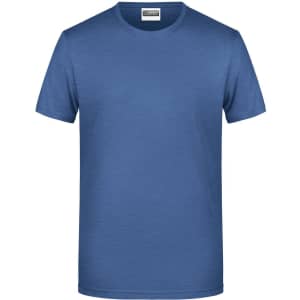 A blue basic men's T-shirt with a round neckline and short sleeves. It features a logo.
