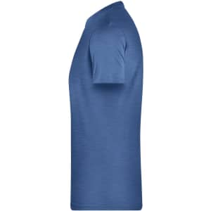 A blue men's basic T-shirt displayed from the side view, featuring short sleeves and a simple design.