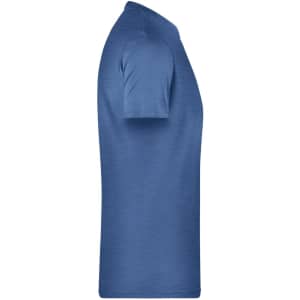 A blue men's T-shirt displayed sideways, featuring short sleeves and a smooth texture. It has a logo on it.
