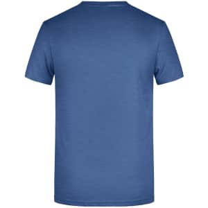 A blue men's basic T-shirt displayed from the back. The shirt has a smooth texture and features a logo.