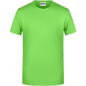 A bright green basic t-shirt in a classic crew neck style, featuring a logo on the label.