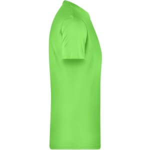 A green men's basic t-shirt from the side, featuring short sleeves and a round neckline. It has a logo.