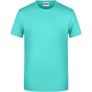 A plain turquoise T-shirt with a crew neckline and short sleeves. It features a logo on the label.