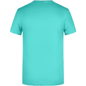 A turquoise men's t-shirt with a round neckline and short sleeves, featuring a plain back and a logo.
