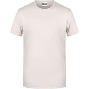 A plain beige men’s T-shirt featuring a round neckline and short sleeves. It has a logo on the label.