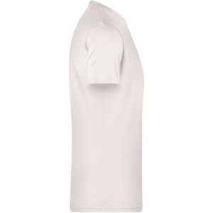 A plain white men's t-shirt featuring short sleeves and a fitted cut. The shirt has a logo on it.