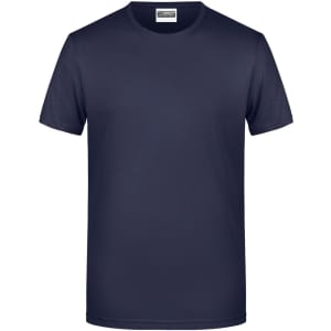 A navy blue men's basic T-shirt with a round neck and short sleeves, featuring a logo.