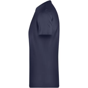 A navy blue men's T-shirt with short sleeves and a simple design; includes a branding logo.
