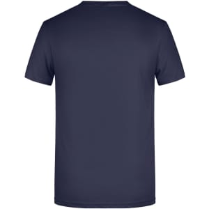 A plain navy blue T-shirt featuring a simple design and a logo on the back.