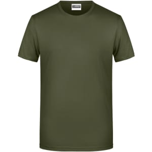 A plain olive green men's t-shirt with short sleeves, featuring a simple round neckline and a logo.